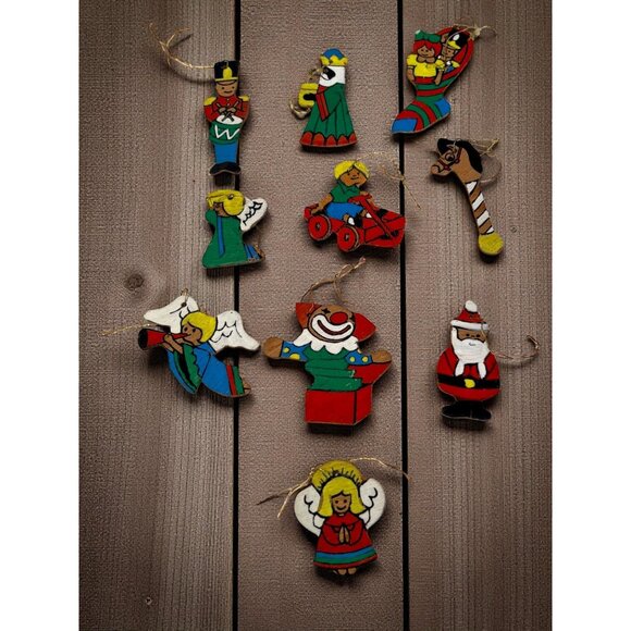 Vintage Hand-Painted Wooden Christmas Ornaments Set Of 10 Holiday Decor Angels S - Picture 1 of 5
